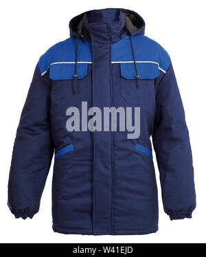 Protective working blue jacket with hoodie isolated on white background Stock Photo