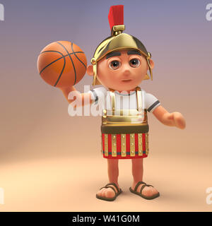 Sporty cartoon Roman legionnaire soldier holding a basketball, 3d illustration render Stock Photo