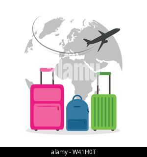 plane flying around the globe with colorful baggage travel concept vector illustration EPS10 Stock Vector