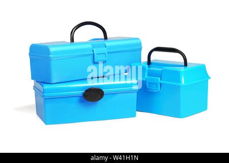 Three Plastic Tool Boxes on White Background Stock Photo