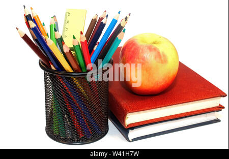 Color pencils and books isolated on white Stock Photo