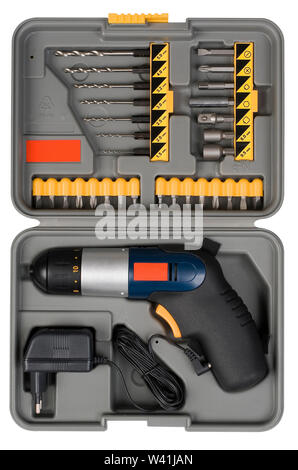 Compact cordless drill bit machine in the box isolated on a white background and with clipping path Stock Photo