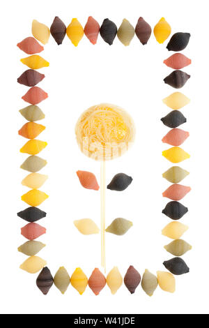 Decorative frame and flower from different kinds of pasta isolated on white background Stock Photo