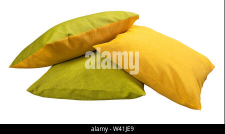 Three decorative pillows in green and orange isolated on white backgroud with clipping path Stock Photo