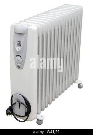 White coastal electric heater on oil with european AC plug on white background. Isolated with clipping path. Stock Photo
