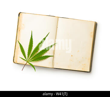Marijuana cannabis leaves on old book isolated on white background. Stock Photo