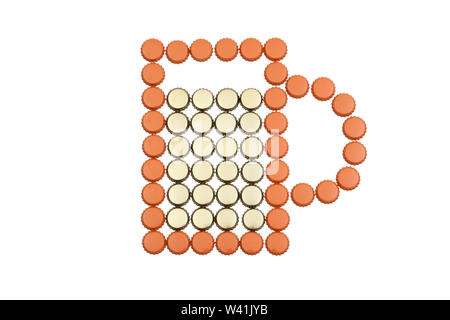 Stylized image of mug of beer, created from metal bottle caps, isolated on white background Stock Photo