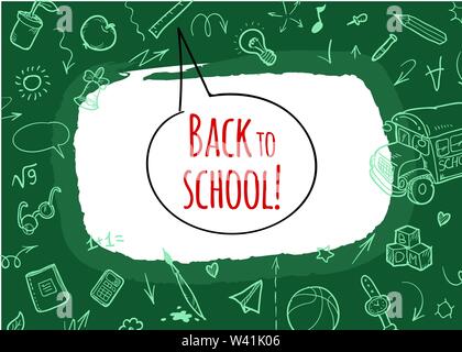 Back to school Background. Banner with texture from line art icons of education, science objects and office supplies on the green background Stock Vector