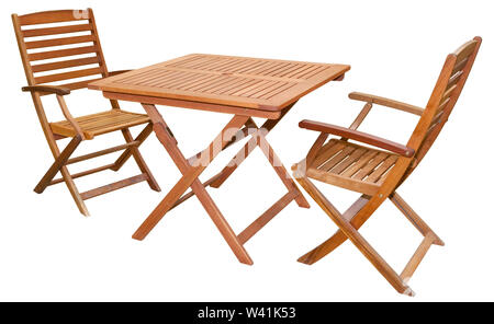 Set of folding wooden garden furniture - table and chairs isolated on