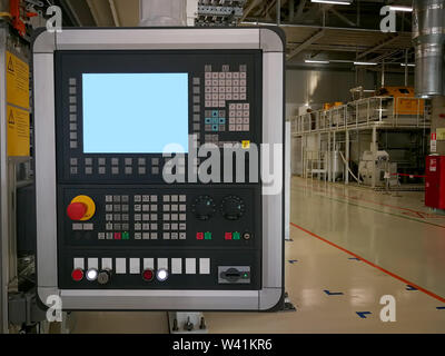The control panel with the screen of the metal-cutting machine. Close-up. Stock Photo