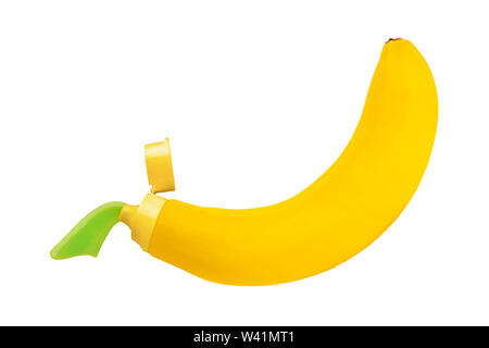 The concept of healthy teeth. Banana toothpaste on white background Stock Photo