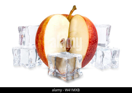 Sliced apple with ice cubes on a white background Stock Photo