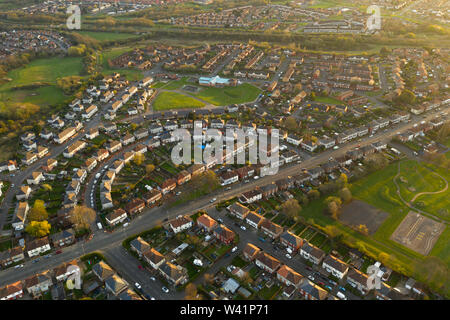 Looking down onto a typical British housing estate based in the Norton area of Stockton-on-Tees, Teesside, England, during sunset in Summertime. Stock Photo