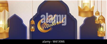 Happy Eid Mubarak Celebration Banner with hanging fanoos Stock Vector