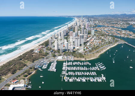 Beautiful aerial shot of Surfers Paradise, city of Gold Coast, Queensland, Australia including the beach and the marina Stock Photo