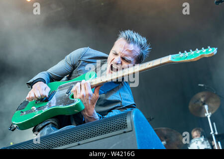 Uskedalen, Norway - June 28th, 2019. The Norwegian folk rock band Gåte performs a live concert during the Norwegian music festival Festidalen 2019. Here guitarist Magnus Børmark is seen live on stage. (Photo credit: Gonzales Photo - Jarle H. Moe). Stock Photo