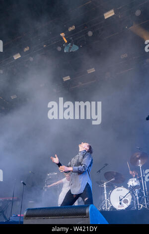 Uskedalen, Norway - June 28th, 2019. The Norwegian folk rock band Gåte performs a live concert during the Norwegian music festival Festidalen 2019. Here guitarist Magnus Børmark is seen live on stage. (Photo credit: Gonzales Photo - Jarle H. Moe). Stock Photo