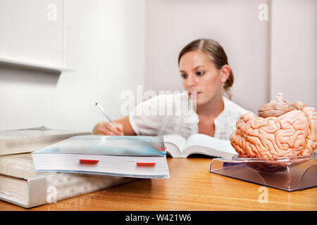 Young girl studying near artificial model of a brain and books on the table Stock Photo