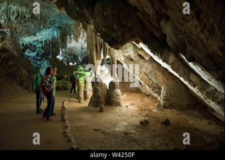 Europe, Italy, Campania, Caves of Pertosa Auletta, in Mount Alburno. In the caves you sail with a boat and you see a 2nd century pile dwelling village Stock Photo