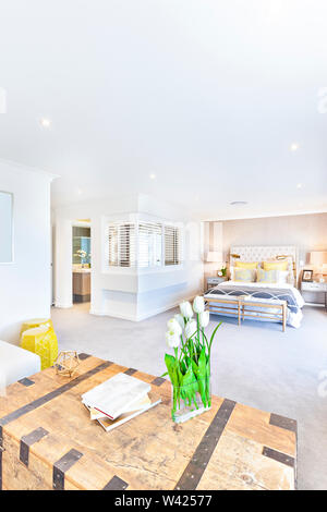Wooden box table with metal plated with bedroom area, the white ceiling with lights over the living area with flowers and books, the attached bathroom Stock Photo