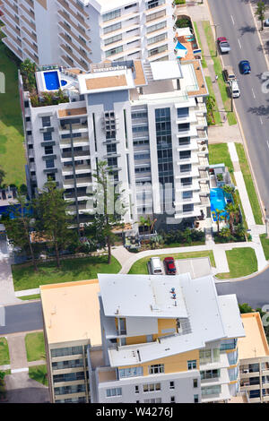 Aerial shot of three luxurious condo buildings taken from high above Stock Photo