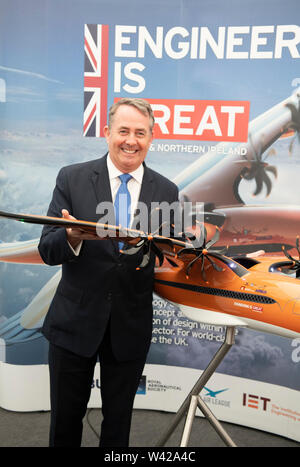 RAF Fairford, Glos, UK. 19th July 2019. Day 1 of The Royal International Air Tattoo (RIAT), Airbus in the UK unveils a conceptual design for an innovative new airliner dubbed ‘The Bird of Prey’, officially launched by Dr Liam Fox MP, Secretary of State for International Trade, a project which is hoped will attract a new generation of young engineers into aerospace. Credit: Malcolm Park/Alamy Live News. Stock Photo