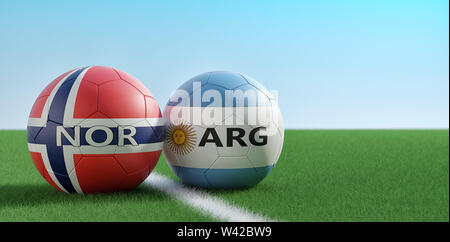 Norway vs. Argentina Soccer Match - Soccer balls in Norway and Argentina national colors on a soccer field. Copy space on the right side - 3D Renderin Stock Photo