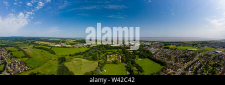 Aerial panorama of Caldicot Castle and both Severn Bridges in the background