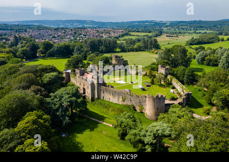 Aerial drone view of the ruins of ancient Caldicot Castle in South Wales, UK Stock Photo