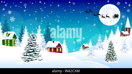 Winter rural landscape. The night eve Christmas. Village, snow, forest. Shining stars and snowflakes in the night sky. Santa on a sleigh on the backgr Stock Vector