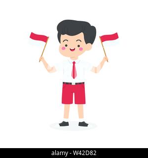 Cute Indonesian Elementary School Boy Student with Red and White Uniform Holding Flag, Indonesia Independence Day Cartoon Vector Illustration Stock Vector