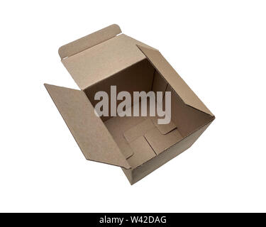 Square open cardboard box isolated on white background for promotion or text. Stock Photo