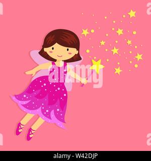 Cute Little Pink Fairy with Wand and Stardust Flying on Pink Background Vector Illustration Stock Vector