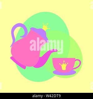 Cute Princess Tea Cup and Teapot Set with Royal Decoration Stock Vector