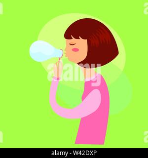 Woman playing soap bubbles. Cute Girl blowing Soap bubble isolated on green background. Stock Vector