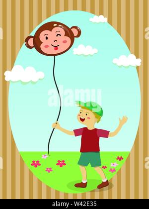 cute little boy holding monkey balloon on sunny day in garden Stock Vector