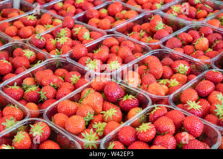 Strawberries in plastic containers at farmers market, background, texture. Close up view Stock Photo