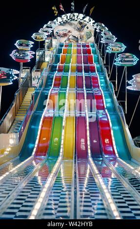 Low shot of colorful water slides at the park during a carnival at
