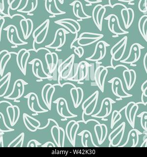 A seamless nature themed vector pattern with white birds and leaves on muted teal background. Surface print design. Stock Vector