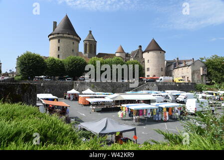 Zizim Tower and market - Bourganeuf in the Creuse department in the Nouvelle-Aquitaine region in central France Stock Photo