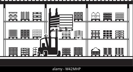 Forklift moves pallets in stock for building materials - vector illustration Stock Vector