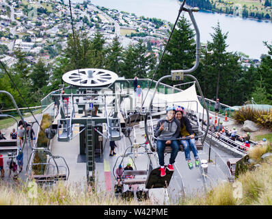 Riding up the cable ride to the top of hill overlooking Queenstown, New Zealand Stock Photo