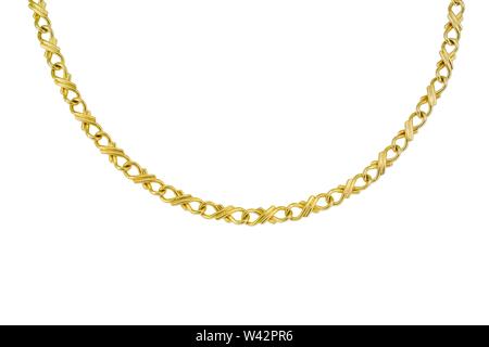 This chain necklace of yellow gold figured eight links is formed in a half round shape and shown on white background. Stock Photo