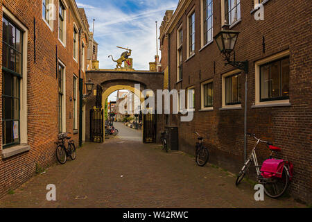 Leiden, Holland, Netherlands, May 22, 2019, The view of Burg Poort (South city gate) from the The Burcht van Leiden (Fort of Leiden) Stock Photo