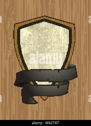 Blank Wooden Shield With Textured Crumpled Material And Rope Black Banner Over Wood Background Stock Vector