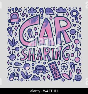 Car sharing poster. Hand lettering with symbols in doodle style. Vector illustration. Stock Vector