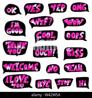 I love you, Ok, yep, wow, omg, welcome, cool, thank you, yes, hi, I'm good, bye,no, stop. Hand drawn collection of speech bubbles with stylized short Stock Vector