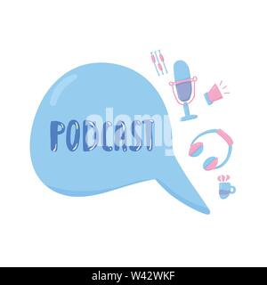 Podcast emblem with handwritten lettering and decoration. Text and podcasts symbols isolated on white background. Vector illustration. Stock Vector