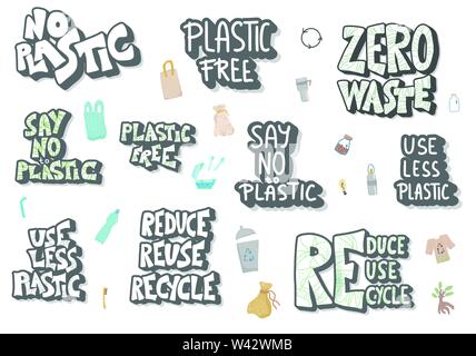 No plastic concept. Quotes with eco lifestyle elements isolated on white background. Emblems with handwritten lettering and zero waste symbols set. Ve Stock Vector