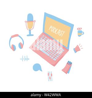 Podcast emblem with handwritten lettering and decoration. Text and podcasts symbols isolated on white background. Vector illustration. Stock Vector